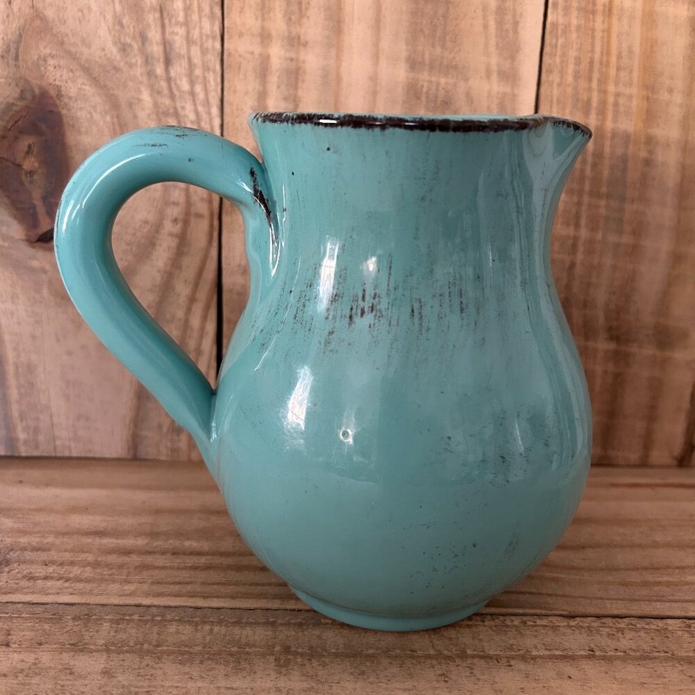 Vintage Blue Pottery Pitcher Made in Italy Rustic Farmhouse Cottage